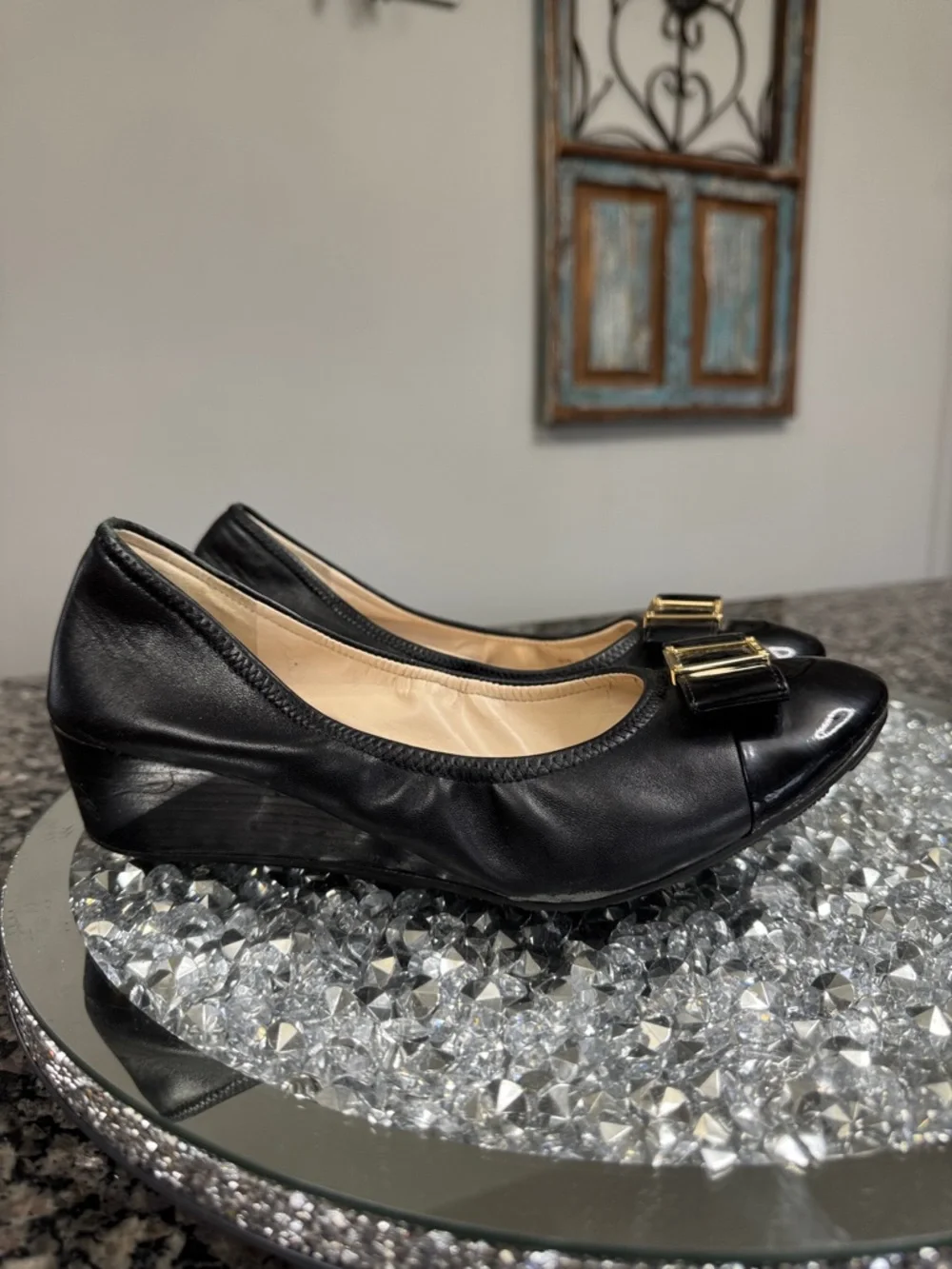 Cole Haan Black leather Wedge ballet Flats with Gold Bow Detail 9